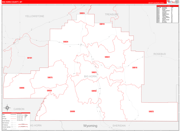 Big Horn County Wall Map Red Line Style